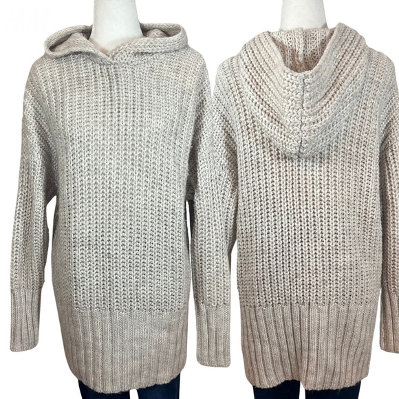 H&M Alpaca Wool Blend Chunky Knit Hooded Tunic Pullover Sweater Beige Medium - Picture 1 of 15